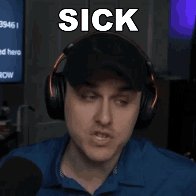 a man wearing headphones and a hat with the word sick above his head