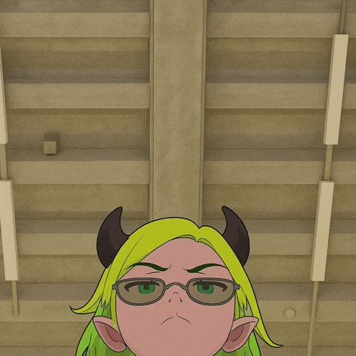 a cartoon character with green hair and horns is looking up at the ceiling