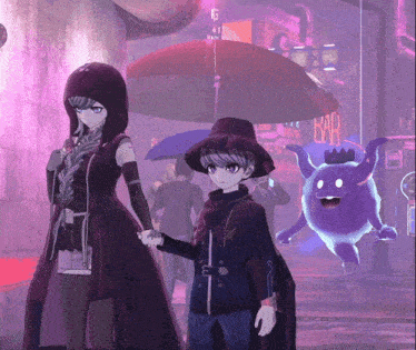 a couple of anime characters holding hands with a sign that says bar in the background
