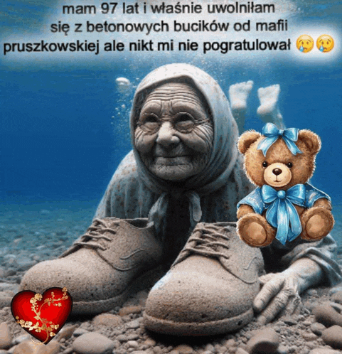 a teddy bear with a blue bow is sitting next to an older woman