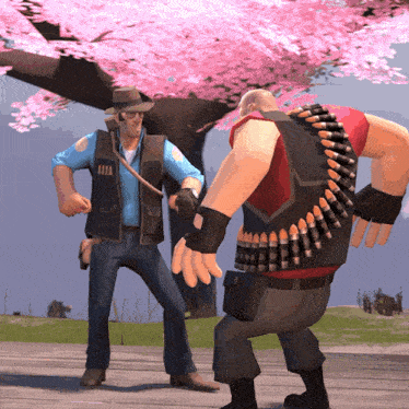 a man with a bullet belt on his back is standing next to another man