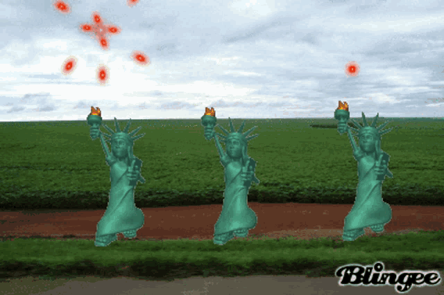 three statue of liberty standing in front of a field with blingee written on the bottom