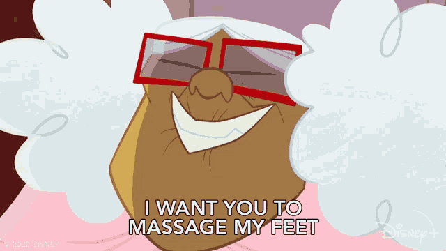 a cartoon character says " i want you to massage my feet " on a pink background