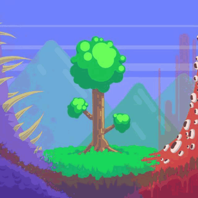 a pixel art illustration of a tree in a landscape with mountains in the background
