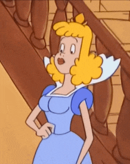 a cartoon of a woman in a blue dress standing next to a wooden railing .