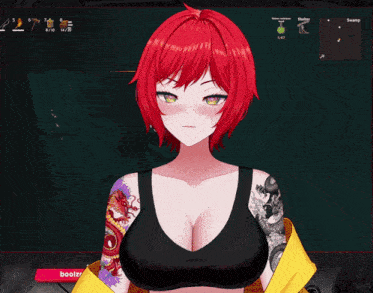 a girl with red hair and a tattoo on her arm giving the middle finger