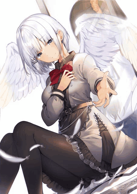 a girl with white hair and wings is sitting on a piano