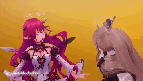 a girl with red hair is singing now everybody sing with another girl