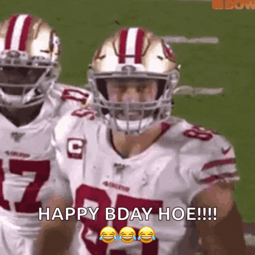a football player says happy bday hoe while standing on the field