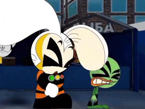 a group of cartoon characters are standing in front of a building that has the letter a on it