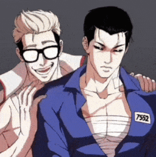 two men are standing next to each other in a cartoon . one of the men has a bandage on his chest .