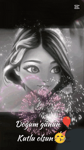a black and white drawing of a girl with the words dogum gunun kutlu olsun on the bottom