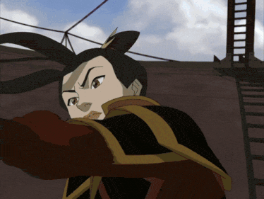 a cartoon character stands in front of a staircase