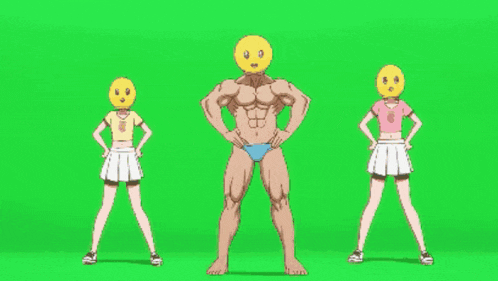 three cartoon characters with smiley faces on their heads are dancing on a green screen