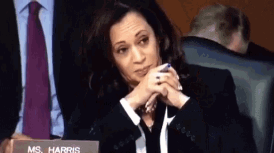 a woman in a suit and tie is sitting in a chair with a name plate that says ms. harris .