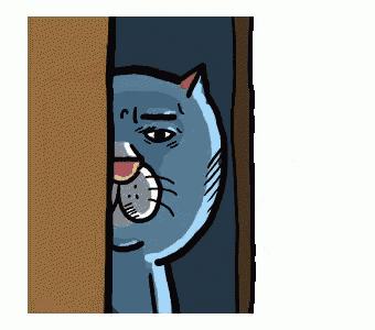 a cartoon drawing of a blue cat peeking out from behind a wall