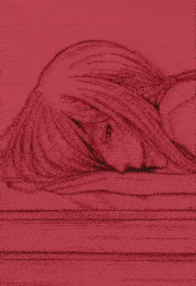 a close up of a drawing of a girl with red hair and a smiley face .