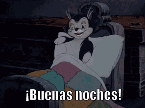 a cartoon cat is laying in a bed with the words buenas noches below it