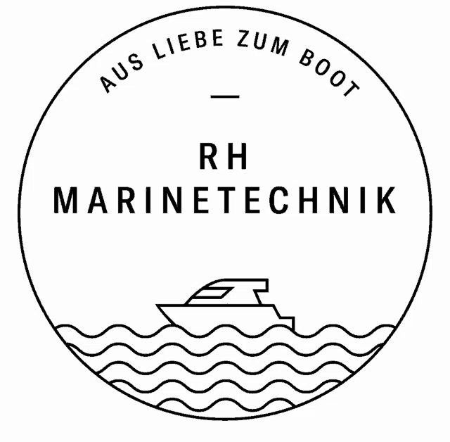 a logo for rh marinetechnik has a boat in the water