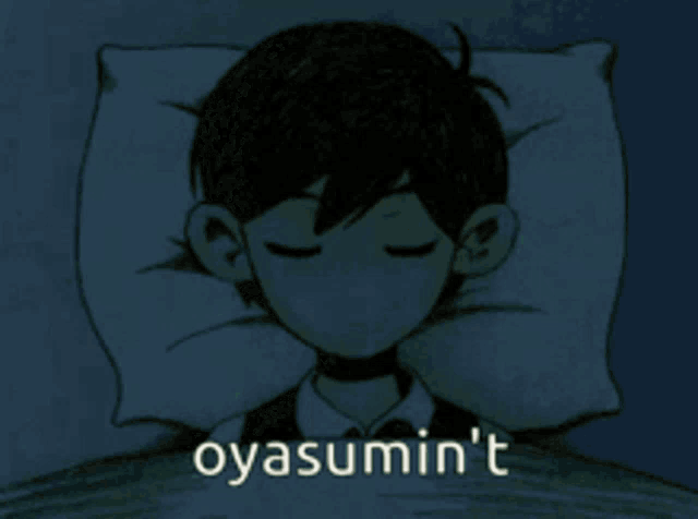 a cartoon of a boy sleeping with the words " oyasumin 't " below him