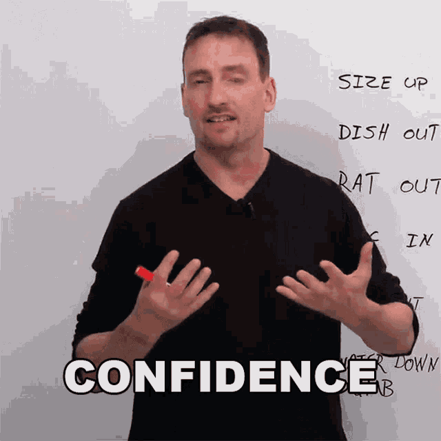 a man standing in front of a white board with the word confidence written on it