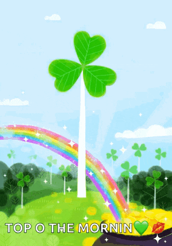 a drawing of a clover and a rainbow with the words top of the mornin below it