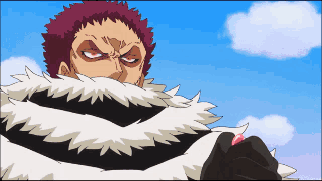 a cartoon character with purple hair and a furry coat
