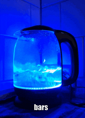 a glass kettle is lit up with blue lights and the words bars above it