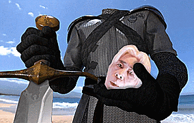 a knight is holding a sword with a face in his hand