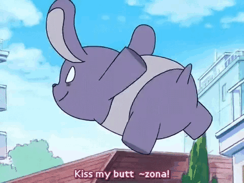 a cartoon rabbit is jumping over a building and says kiss my butt zona