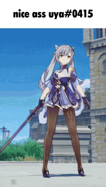 a girl in a purple dress is holding a sword and says nice ass uya # 0415