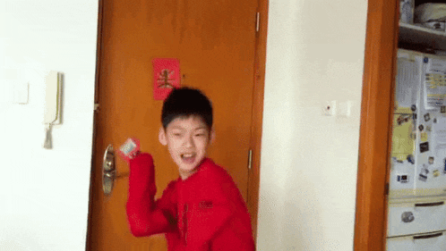 a young boy in a red sweater is standing in front of a door with a red sticker on it .