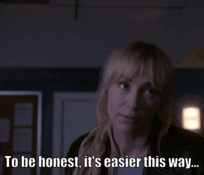 a woman in a black leather jacket says to be honest it 's easier this way
