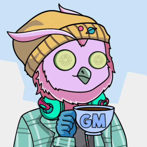 a cartoon owl with cucumber slices on its eyes is holding a cup of coffee with the letter gm on it