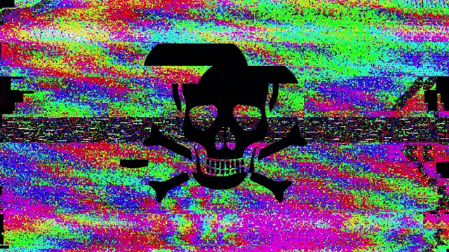 a skull and crossbones on a colorful background with a glitch effect .