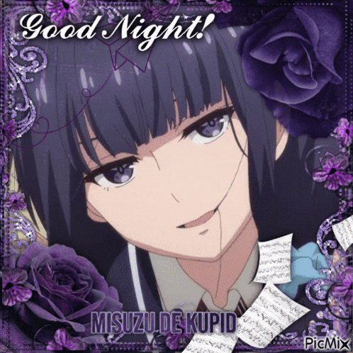 a picture of a girl with purple flowers and the words good night misuzu de kupid