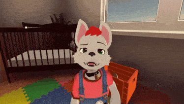 a cartoon character is standing in a room with a crib
