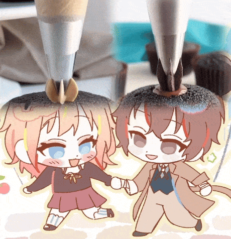 a girl and a boy are holding hands in front of cupcakes being decorated