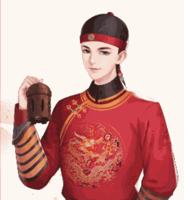 a man wearing a red shirt and a black hat is holding a lantern