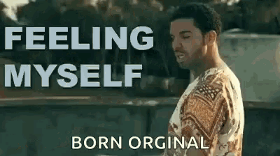 a man in a floral shirt is standing in front of a sign that says `` feeling myself '' .