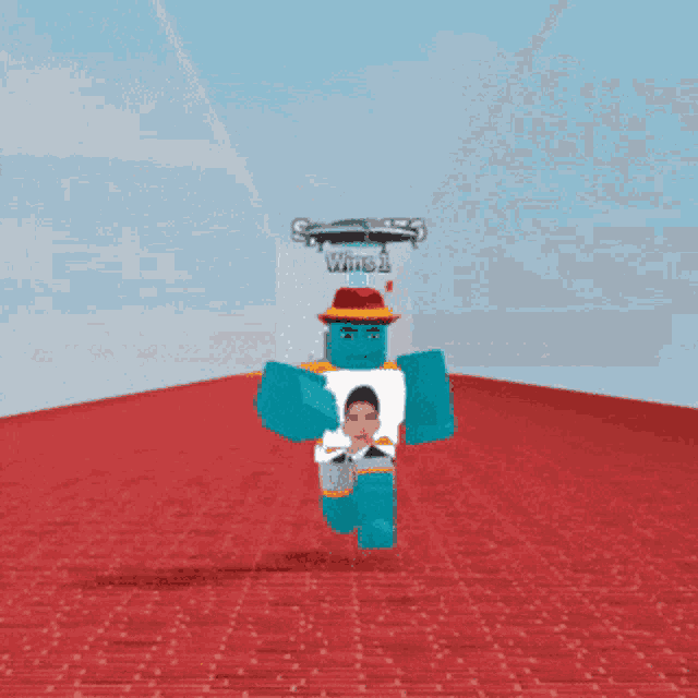 a blue roblox character with a hat and a picture of a man on his shirt
