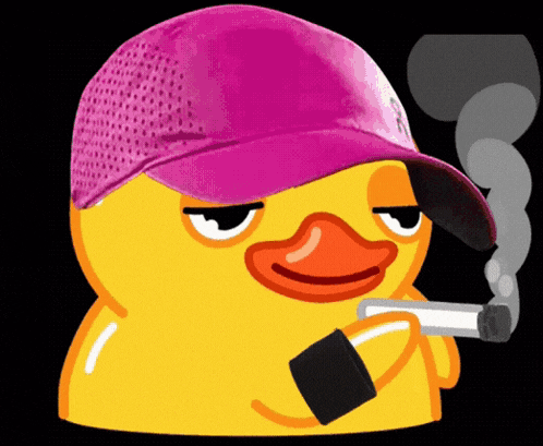 a yellow rubber duck wearing a pink hat smoking a cigarette