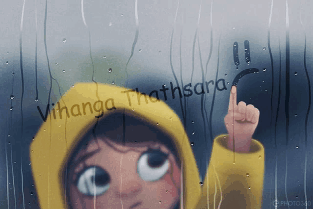 a girl in a yellow raincoat is pointing at the word vihanga thathsara on a window