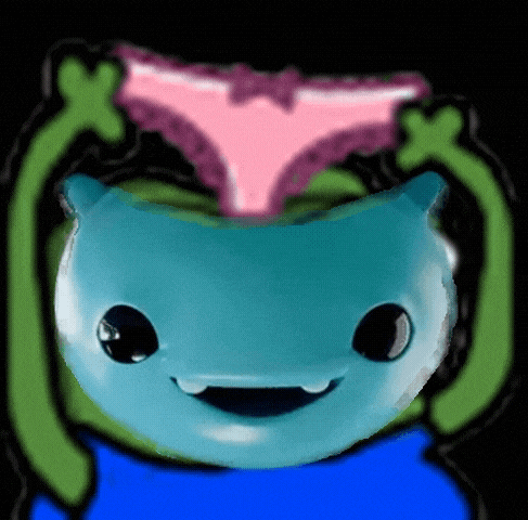 a cartoon character with a pink underwear on top of its head