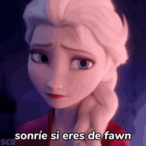 a close up of a cartoon character with the words sonrie si eres de fawn below her