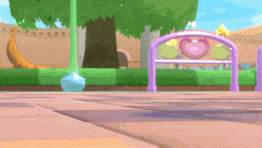 a cartoon drawing of a park with a purple fence and a tree