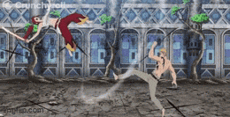a cartoon of a man kicking another man in the face in a video game .