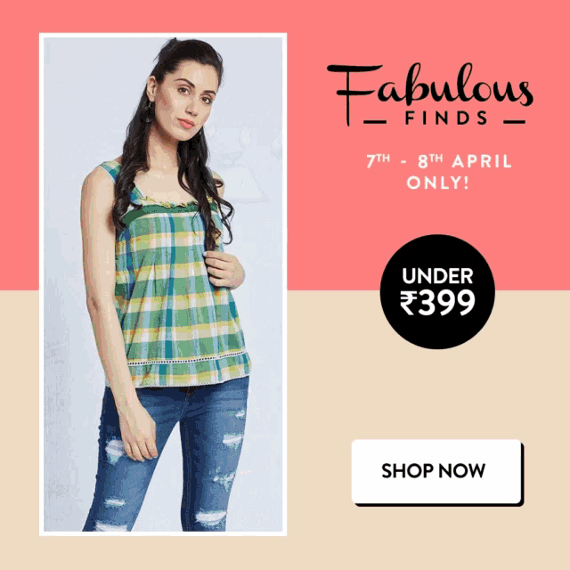 an advertisement for fabulous finds shows a woman wearing a plaid top and ripped jeans