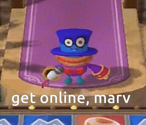 a cartoon character with a blue top hat and a microphone says get online marv