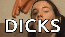 a woman is getting a blowjob from a sausage and the word dicks is above her face .